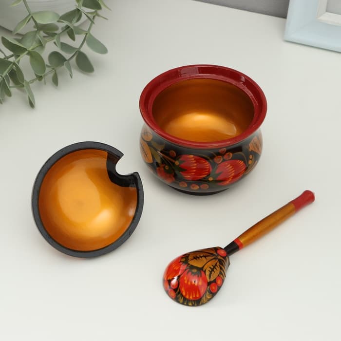 Сахарница дерево хохлома «Красота» с ложкой, 10×9 см