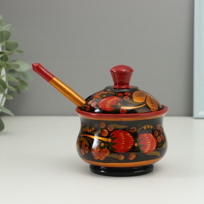 Сахарница дерево хохлома «Красота» с ложкой, 10×9 см