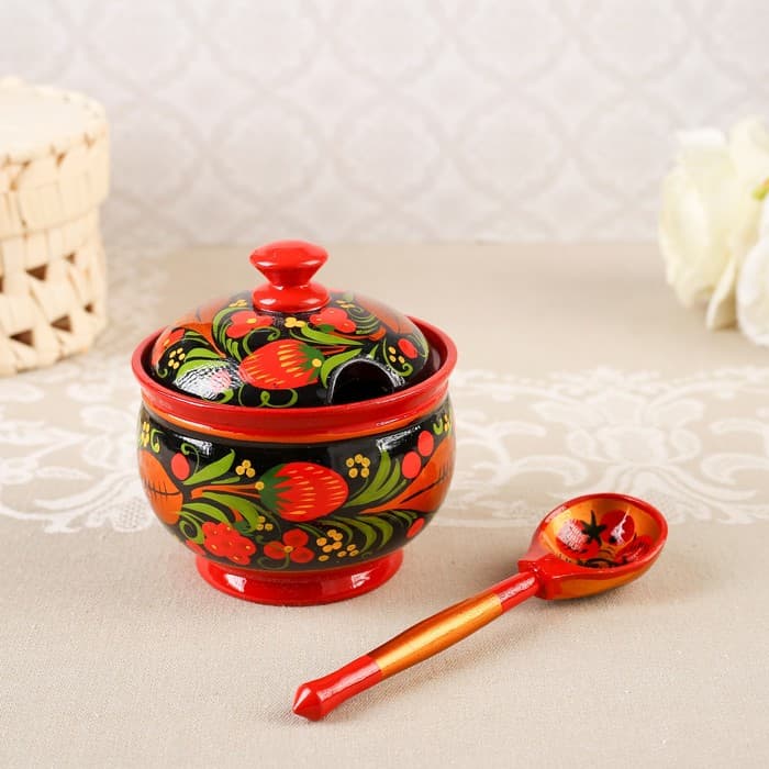 Сахарница дерево хохлома «Красота» с ложкой, 10×9 см