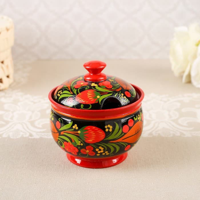 Сахарница дерево хохлома «Красота» с ложкой, 10×9 см