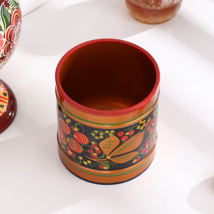 Банка для хранения сыпучих продуктов «Земляничка», кадочка средняя, 8.5×15 см, дерево, хохлома