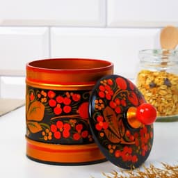 Банка для хранения сыпучих продуктов «Земляничка», кадочка средняя, 8.5×15 см, дерево, хохлома