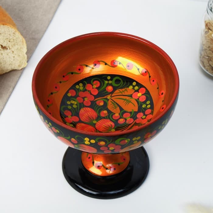 Конфетница на ножке, 14×14 см, дерево, хохлома