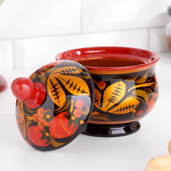 Сахарница дерево хохлома «Ягодка клубника»