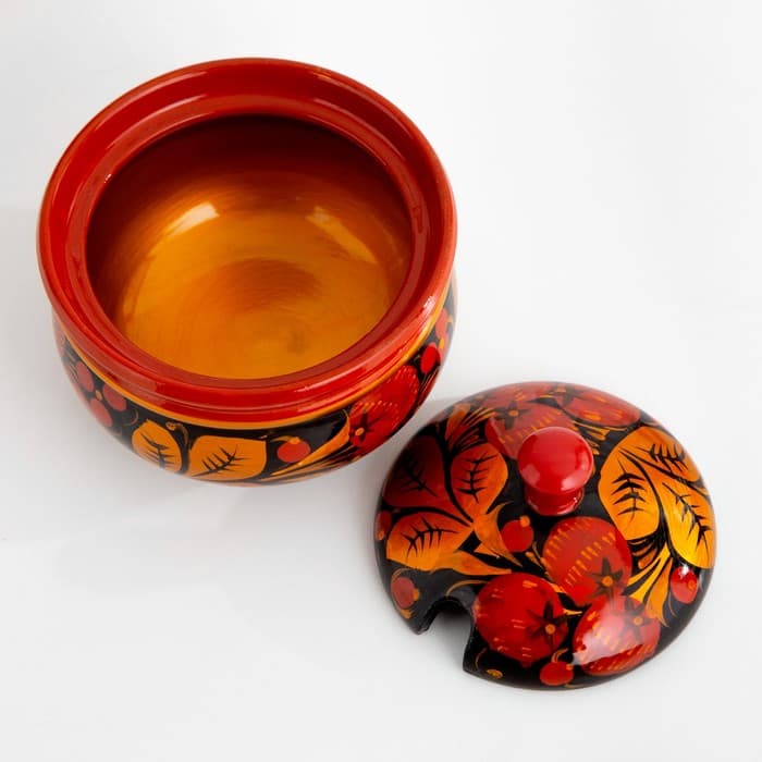 Сахарница дерево хохлома «Ягодка» с ложкой, 10.5×11 см