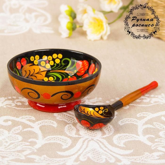Набор посуды «Розетка с ложкой», дерево хохлома, 10×4×10 см, МИКС