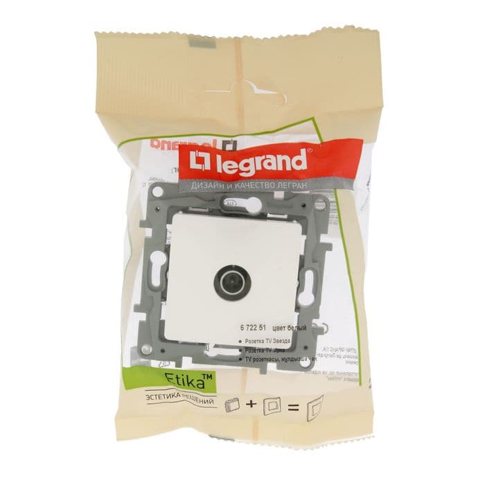 Розетка телевизионная Legrand Etika, скрытая, одноместная, 2 дБ, тип «звезда», белая, 672251