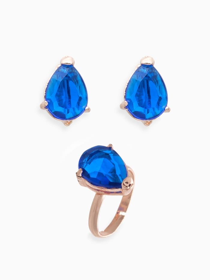 Гарнитур 3 предмета: серьги, кулон, кольцо безразмерное «Эдель», капля, синие в золоте, 45 см