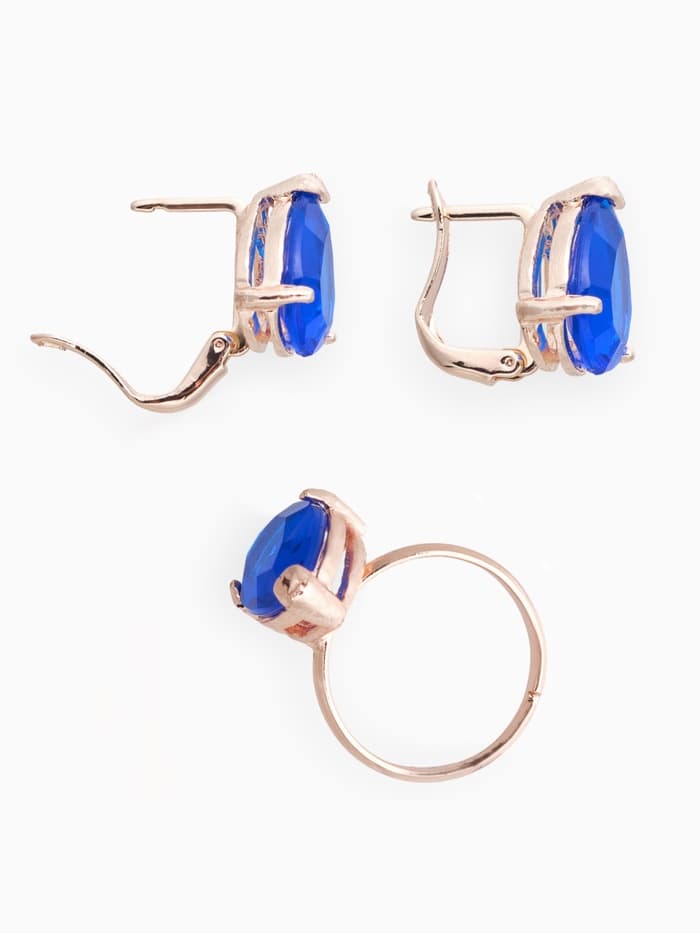 Гарнитур 3 предмета: серьги, кулон, кольцо безразмерное «Эдель», капля, синие в золоте, 45 см