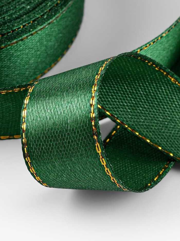 Лента атласная, с золотым люрексом, 15 мм, 23±1 м, зелёная №049
