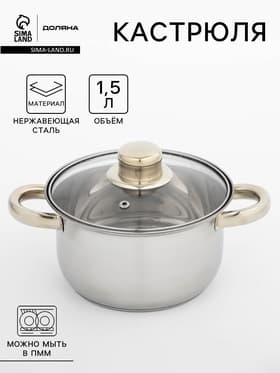 Кастрюля Доляна «Роскошь», 1.5 л, d=17 см, со стеклянной крышкой, капсульное дно, нержавеющая сталь, хромированная