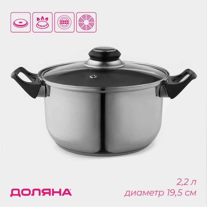 Кастрюля Доляна «Чёрная ночь», 2.2 л, d=18 см, с крышкой, капсульное дно, нержавеющая сталь, хромированная