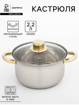 Кастрюля Доляна «Роскошь», 2.2 л, d=19 см, со стеклянной крышкой, капсульное дно, нержавеющая сталь, хромированная