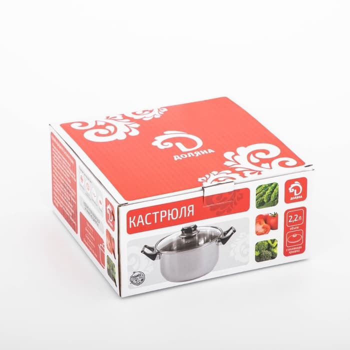Кастрюля Доляна «Роскошь», 2.2 л, d=19 см, со стеклянной крышкой, капсульное дно, нержавеющая сталь, хромированная