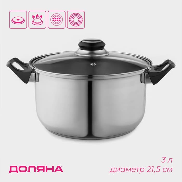 Кастрюля Доляна «Чёрная ночь», 3 л, d=20 см, с крышкой, капсульное дно, нержавеющая сталь, хромированная
