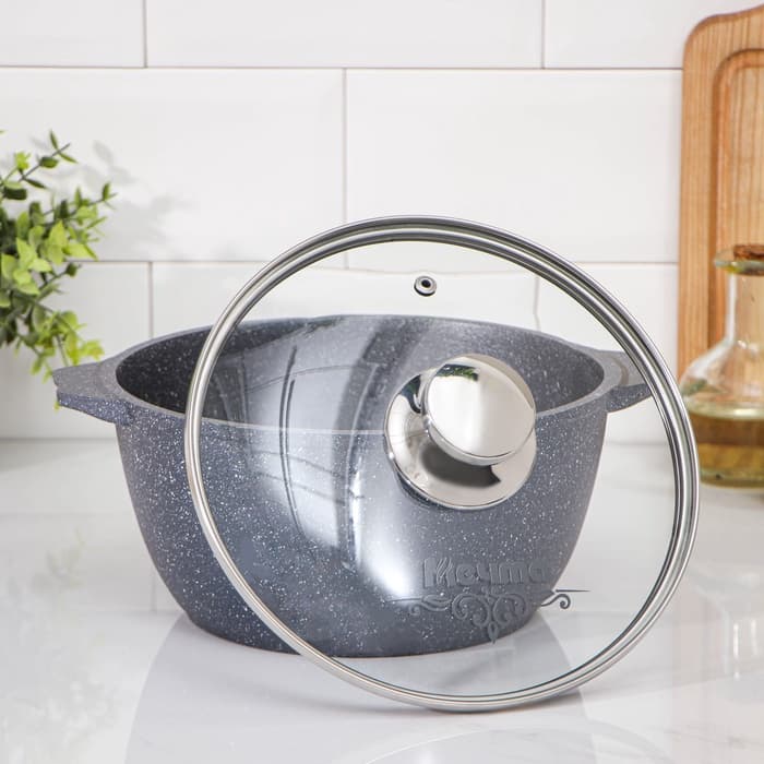 Кастрюля Мечта «Гранит», 3 л, d=22 см, со стеклянной крышкой, антипригарное покрытие, литой алюминий, серая