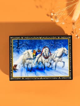 Шкатулка для украшений «Зимняя тройка коней», 10×14 см, лаковая миниатюра