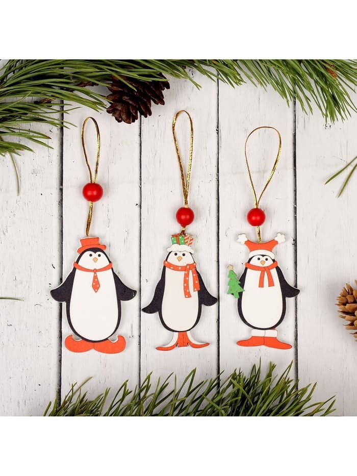 Ёлочная игрушка Лесная мастерская «Пингвинчики в шапочках», односторонняя, МИКС