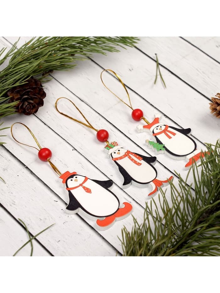 Ёлочная игрушка Лесная мастерская «Пингвинчики в шапочках», односторонняя, МИКС