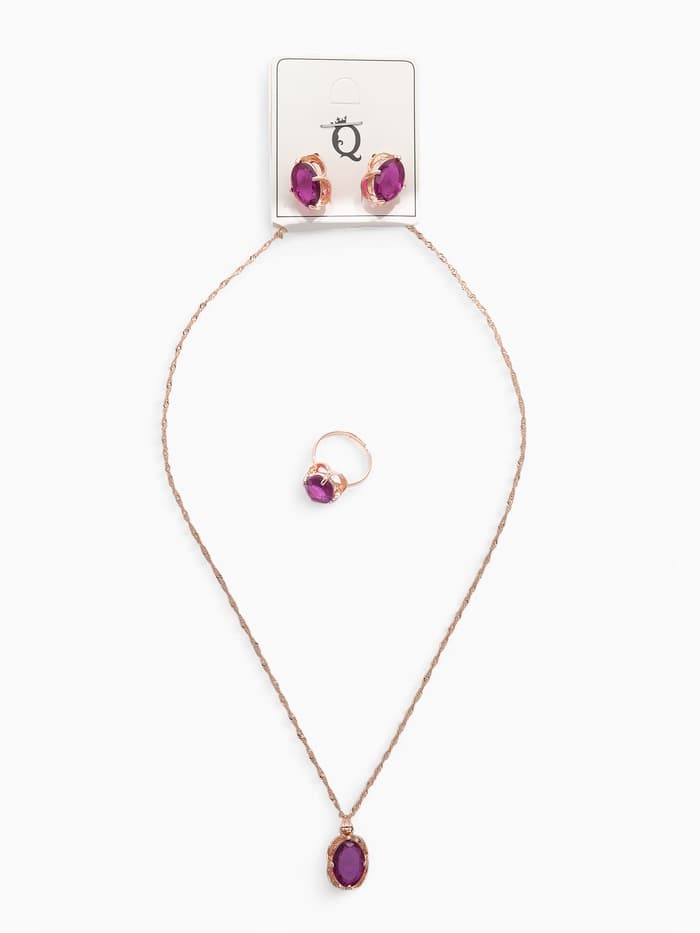 Гарнитур 3 предмета: серьги, кулон, кольцо безразмерное «Эдель», классик, фиолы в золоте, 45 см