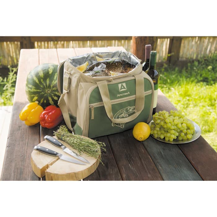 Термосумка с набором посуды, на 4х человек, для пикника, 13.5 л, 34×24×31 см, зелёная