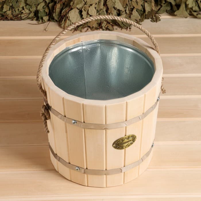 Ведро для бани и сауны, 7 л, липа, оцинкованная вставка, ручка - верёвка, «Добропаровъ»
