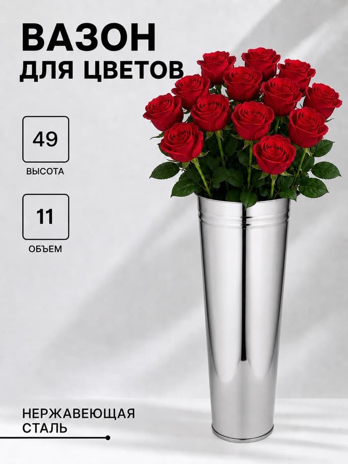 Вазон без ручек, 11 л, h=49 см, нержавеющая сталь, ГОСТ
