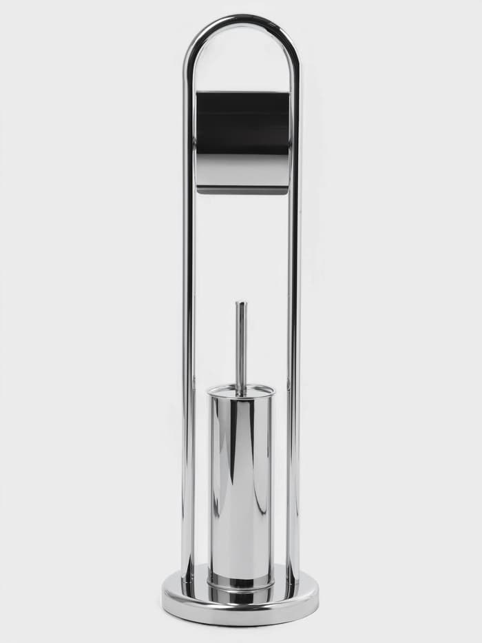 Ёршик для унитаза с подставкой напольный, 22×22×82 см, с держателем для туалетной бумаги, хром