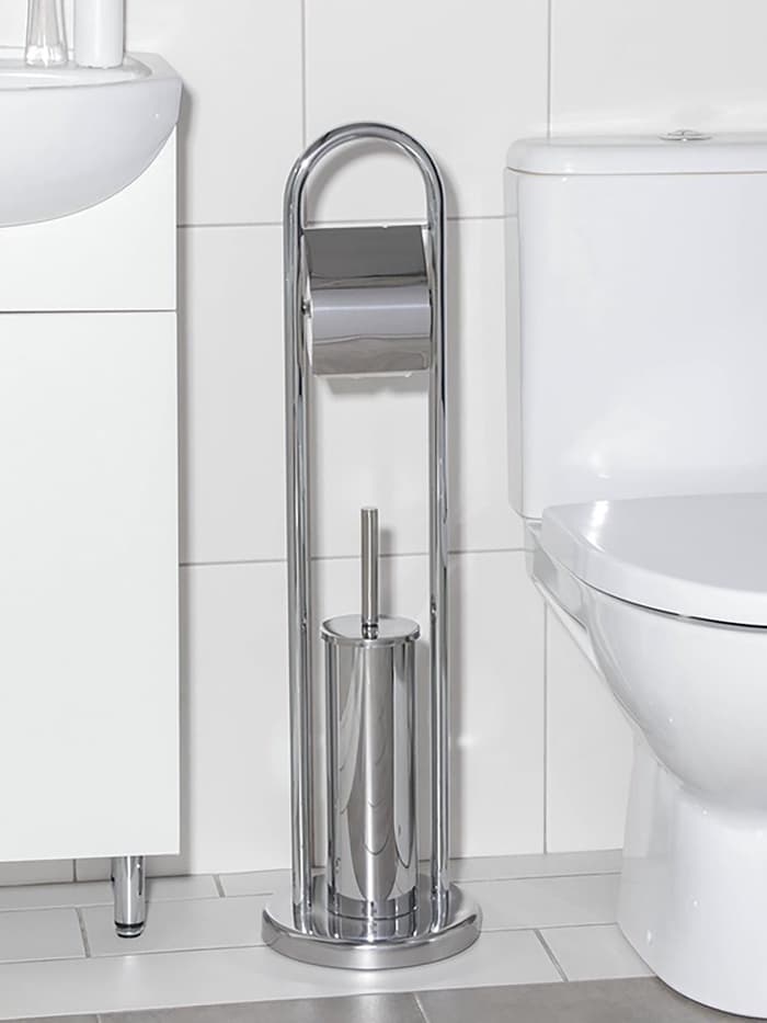 Ёршик для унитаза с подставкой напольный, 22×22×82 см, с держателем для туалетной бумаги, хром