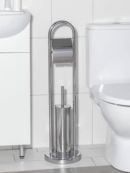 Ёршик для унитаза с подставкой напольный, 22×22×82 см, с держателем для туалетной бумаги, хром