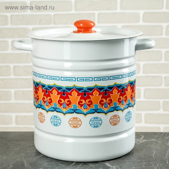 Мантоварка - позница, 12 л, 4 вставки, эмалированная, цилиндрическая, белая, рисунок МИКС