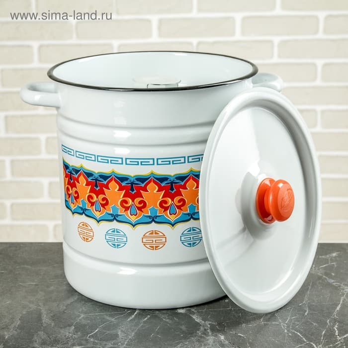Мантоварка - позница, 12 л, 4 вставки, эмалированная, цилиндрическая, белая, рисунок МИКС