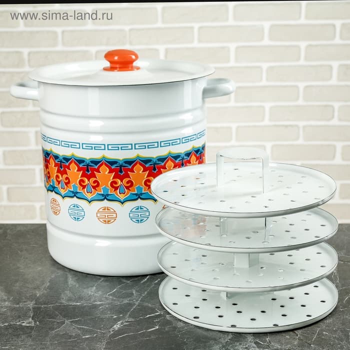 Мантоварка - позница, 12 л, 4 вставки, эмалированная, цилиндрическая, белая, рисунок МИКС