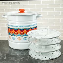 Мантоварка - позница, 12 л, 4 вставки, эмалированная, цилиндрическая, белая, рисунок МИКС