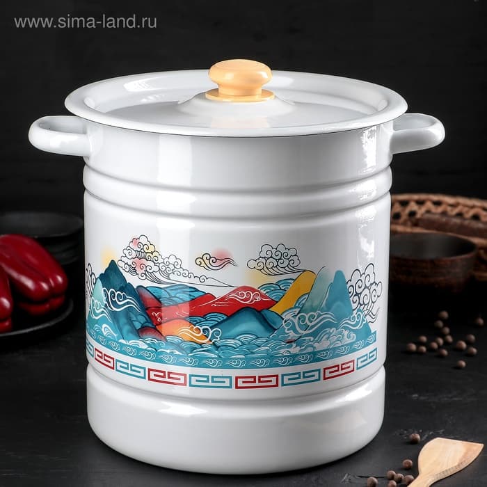 Мантоварка - позница, 12 л, 4 вставки, эмалированная, цилиндрическая, белая, рисунок МИКС