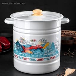 Мантоварка - позница, 12 л, 4 вставки, эмалированная, цилиндрическая, белая, рисунок МИКС