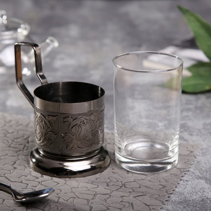 Подстаканник, со стаканом 250 мл, медь, стекло, серебристый