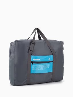 Сумка дорожная на молнии, складная в косметичку, наружный карман, держатель для чемодана, серая, голубая