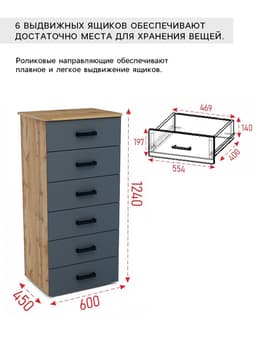 Комод напольный для хранения «Клик Мебель» №5, 600×450×1250 мм, цвет дуб вотан/тёмно – серый