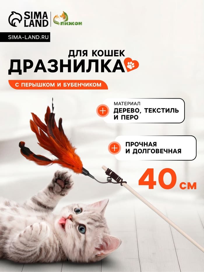 Дразнилка-удочка для кошек, с перышками и бубенчиком, деревянная палочка 40 см, цвет МИКС