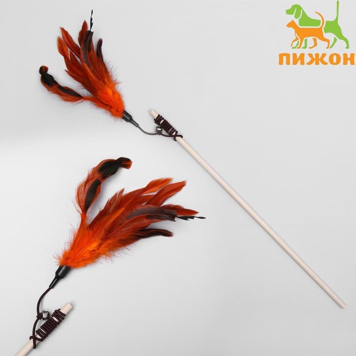 Дразнилка-удочка для кошек, с перышками и бубенчиком, деревянная палочка 40 см, цвет МИКС