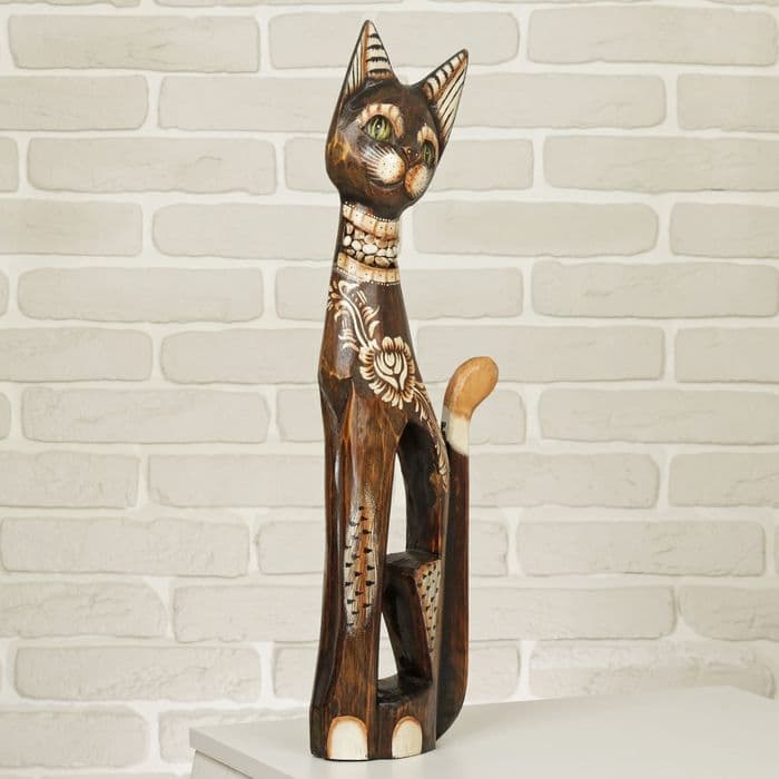 Сувенир «Кошка в ошейнике из камней и с расписным цветком», 60×12×6 см, дерево