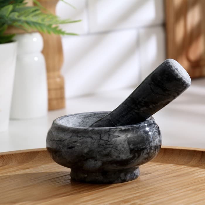 Ступка с пестиком, 75 мл, d=8 см, h=5 см, пестик 9 см, камень, чёрная
