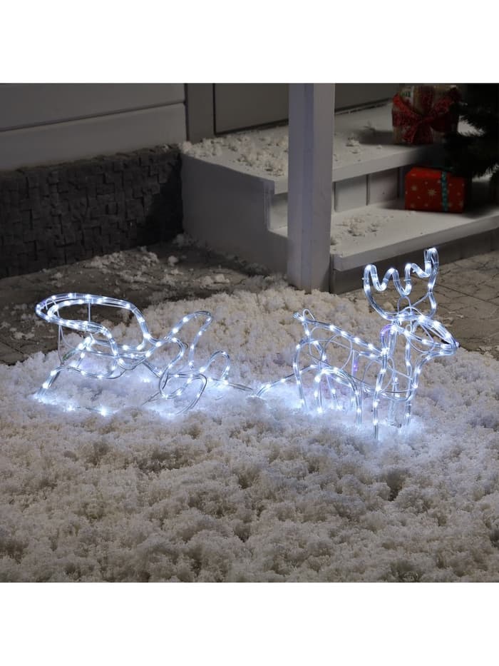 Светодиодная фигура «Олень с санями», олень: 48×48×22 см, сани: 45×23×23 см, дюралайт, 216 LED, 220 В, мерцание, свечение белое/синее