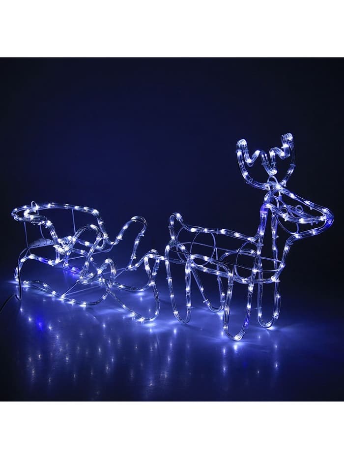 Светодиодная фигура «Олень с санями», олень: 48×48×22 см, сани: 45×23×23 см, дюралайт, 216 LED, 220 В, мерцание, свечение белое/синее