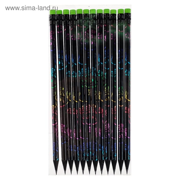 Карандаш чернографитный Calligrata, НВ, с ластиком, пластиковый, чёрный корпус с цветным узором