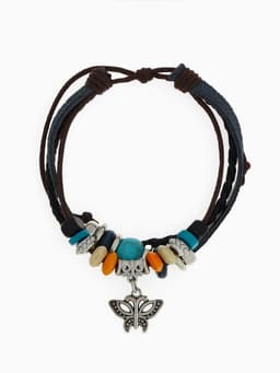 Браслет кожаный с подвеской «Бабочка и Бусины», d=5 см, 3 нити, разноцветный