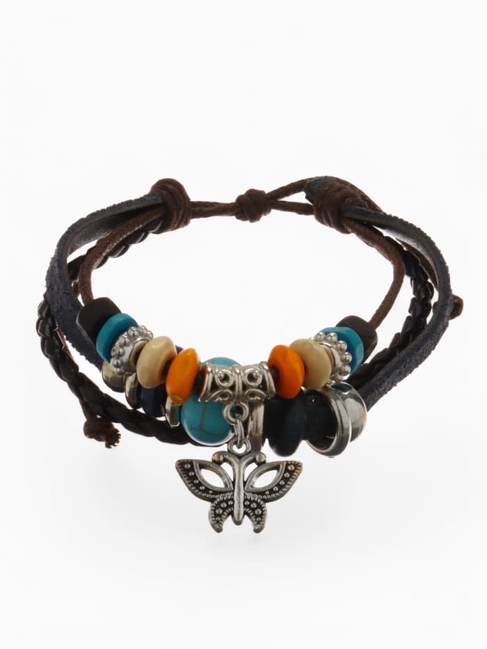 Браслет кожаный с подвеской «Бабочка и Бусины», d=5 см, 3 нити, разноцветный