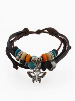 Браслет кожаный с подвеской «Бабочка и Бусины», d=5 см, 3 нити, разноцветный