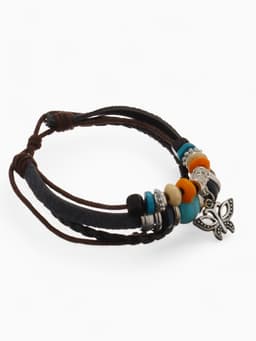 Браслет кожаный с подвеской «Бабочка и Бусины», d=5 см, 3 нити, разноцветный